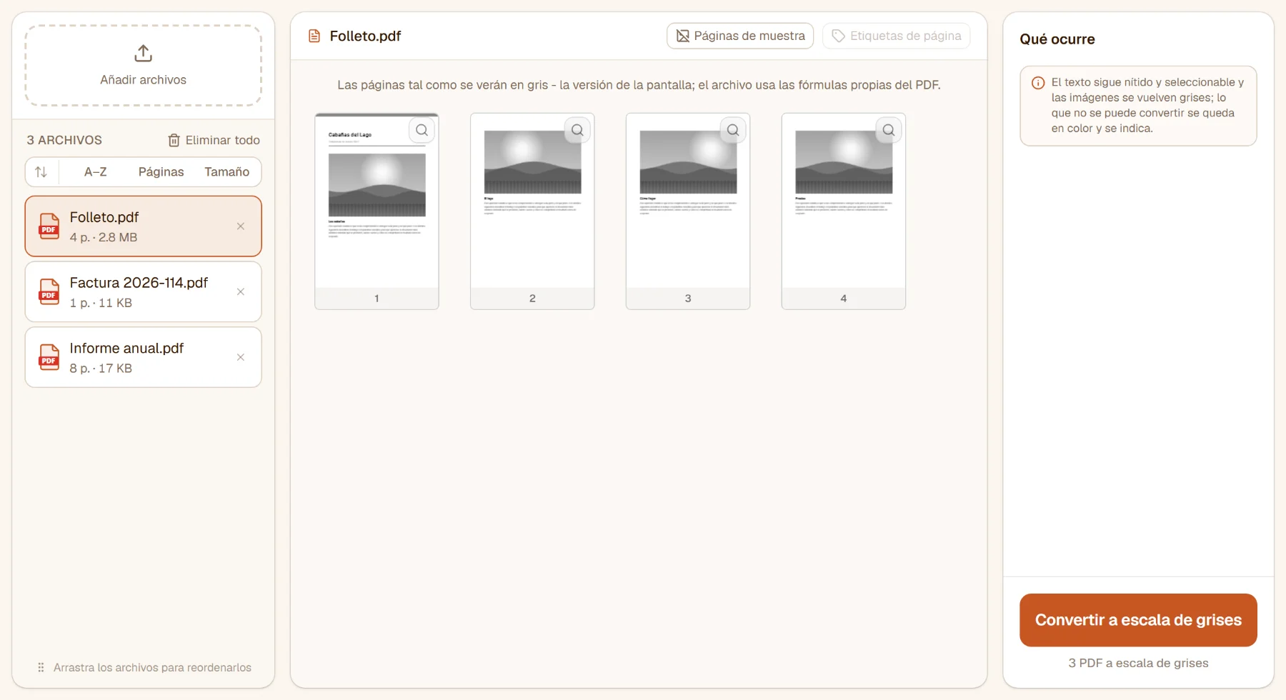 Convertir PDF a escala de grises con tres archivos en la lista: las páginas con fotos del folleto ya se muestran en gris