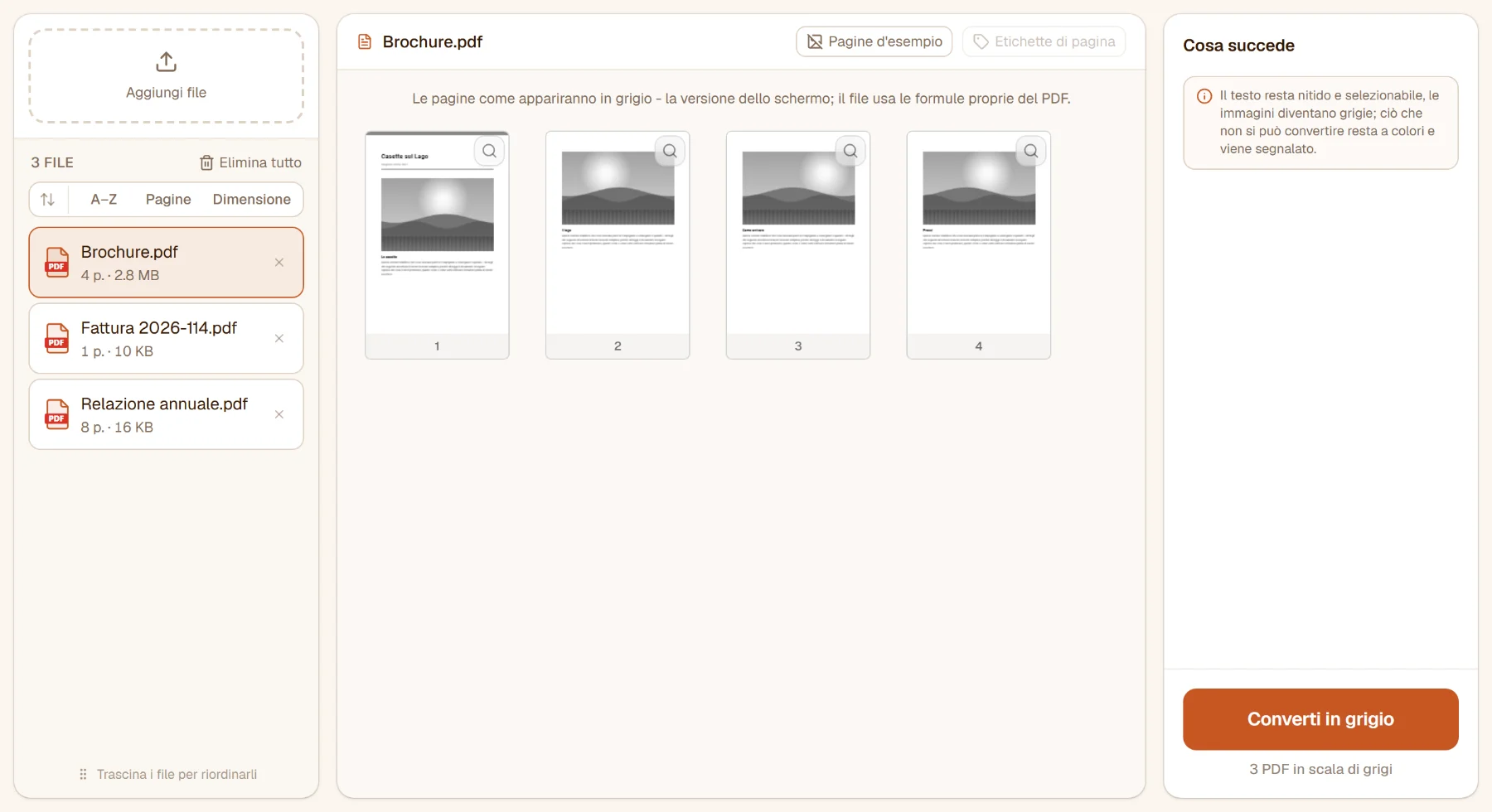 Convertire PDF in scala di grigi con tre file nell'elenco: le pagine fotografiche della brochure già mostrate in grigio