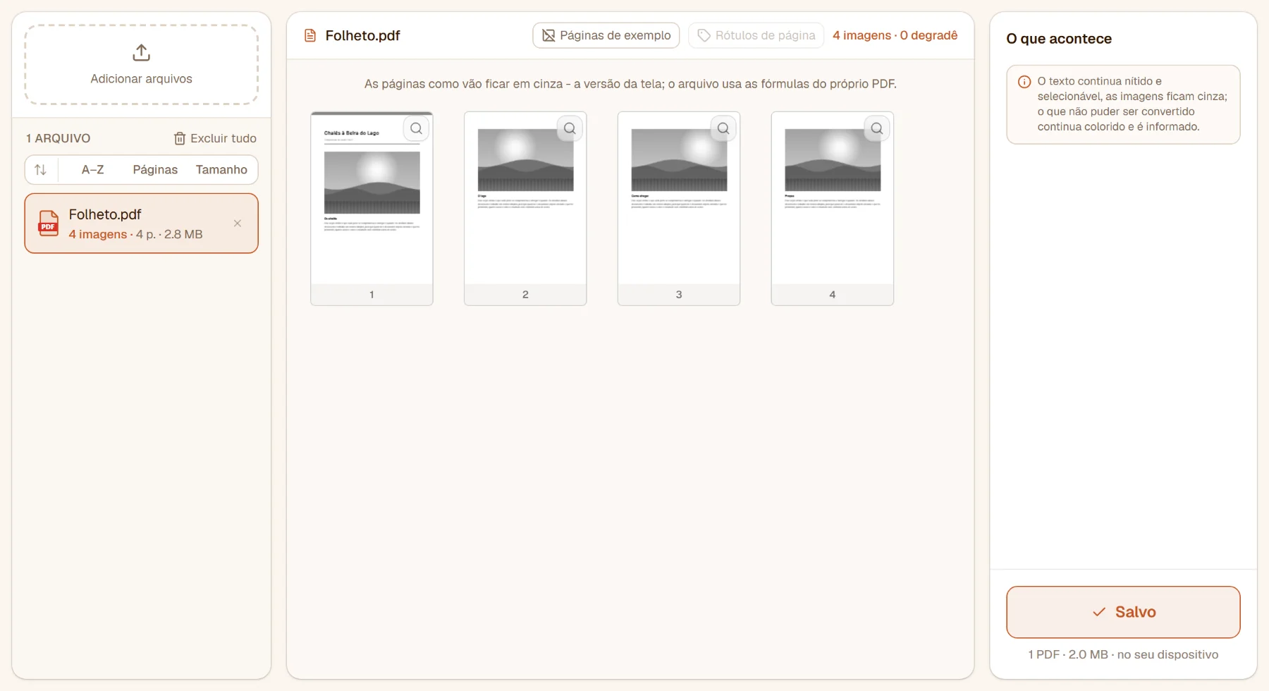 Depois da conversão: a lista de arquivos mostra 4 imagens convertidas, o botão diz Salvo