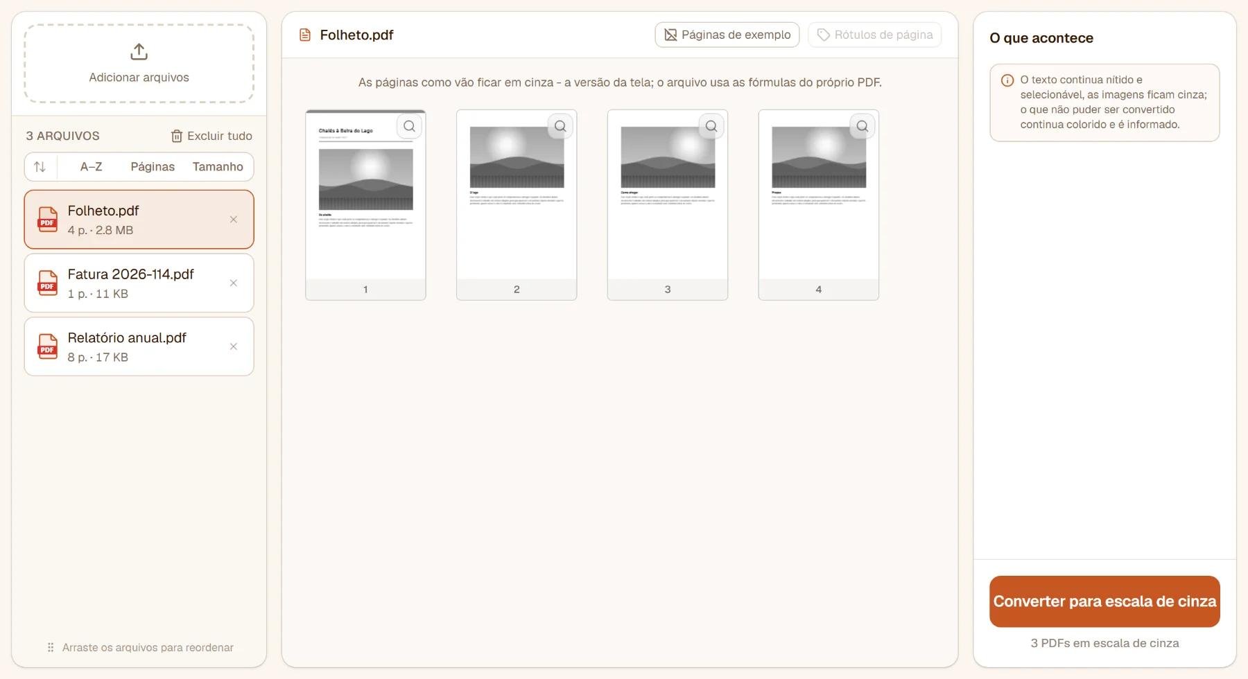 Converter PDF para escala de cinza com três arquivos na lista: as páginas de fotos do folheto já mostradas em cinza