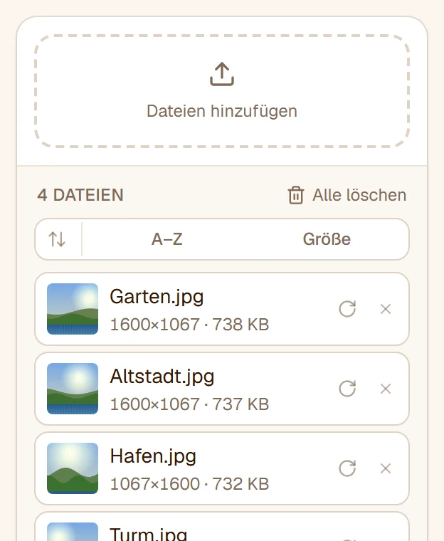 Die Dateiliste mit vier Fotos, jeweils mit Vorschaubild und Größe in Pixeln