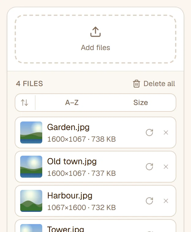 The file list with four photos, each with a thumbnail and its pixel size