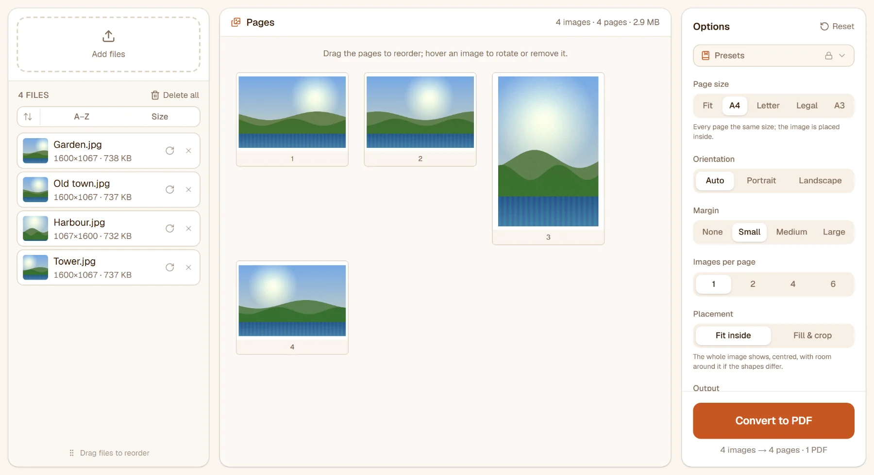 Image to PDF with four photos loaded: the file list, one A4 page per photo in the middle, the page options on the right