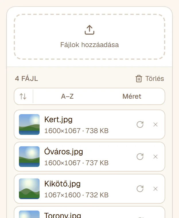 A fájllista négy fotóval, mindegyiknél egy bélyegkép és a pixelmérete