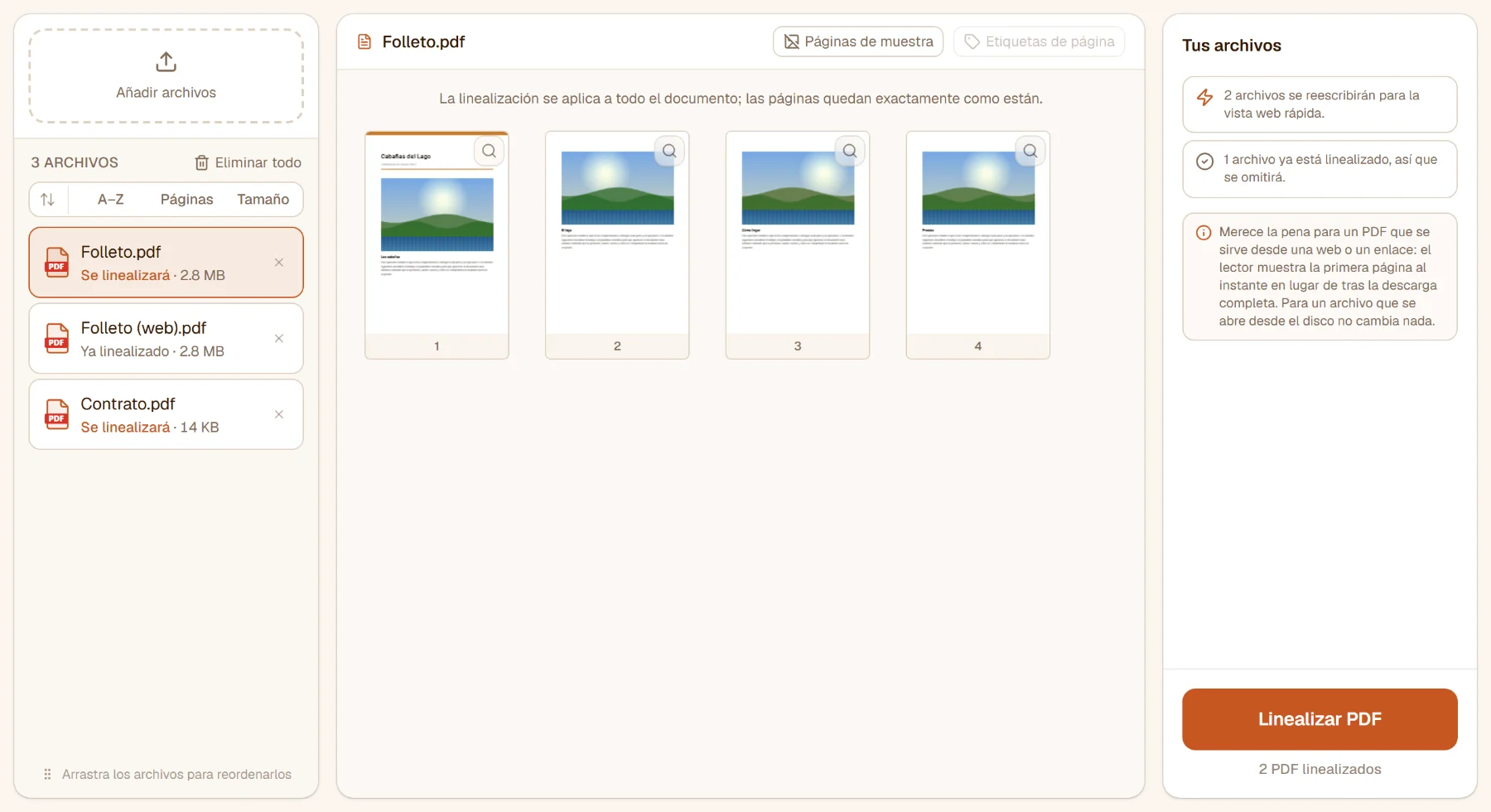Linealizar PDF con tres archivos: dos marcados Se linealizará y la copia web del folleto Ya linealizado; el panel dice que se reescribirán 2 archivos y se omitirá 1
