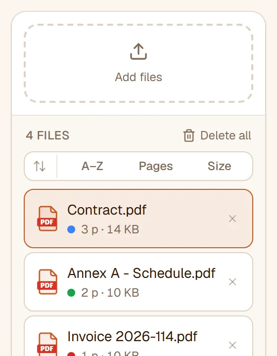 The file list with three PDFs and a PNG image, each with its page count, size and colour dot