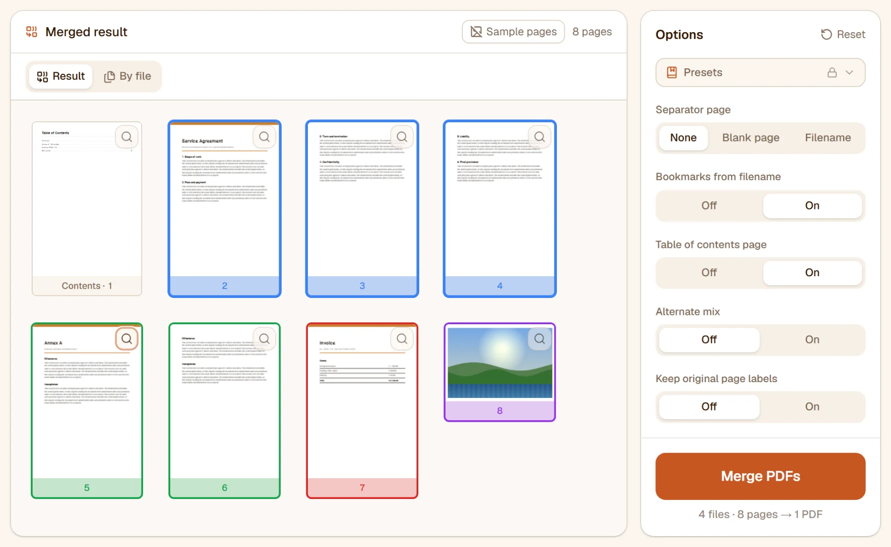 The merged result starting with a contents page, with the contents and bookmark options switched on