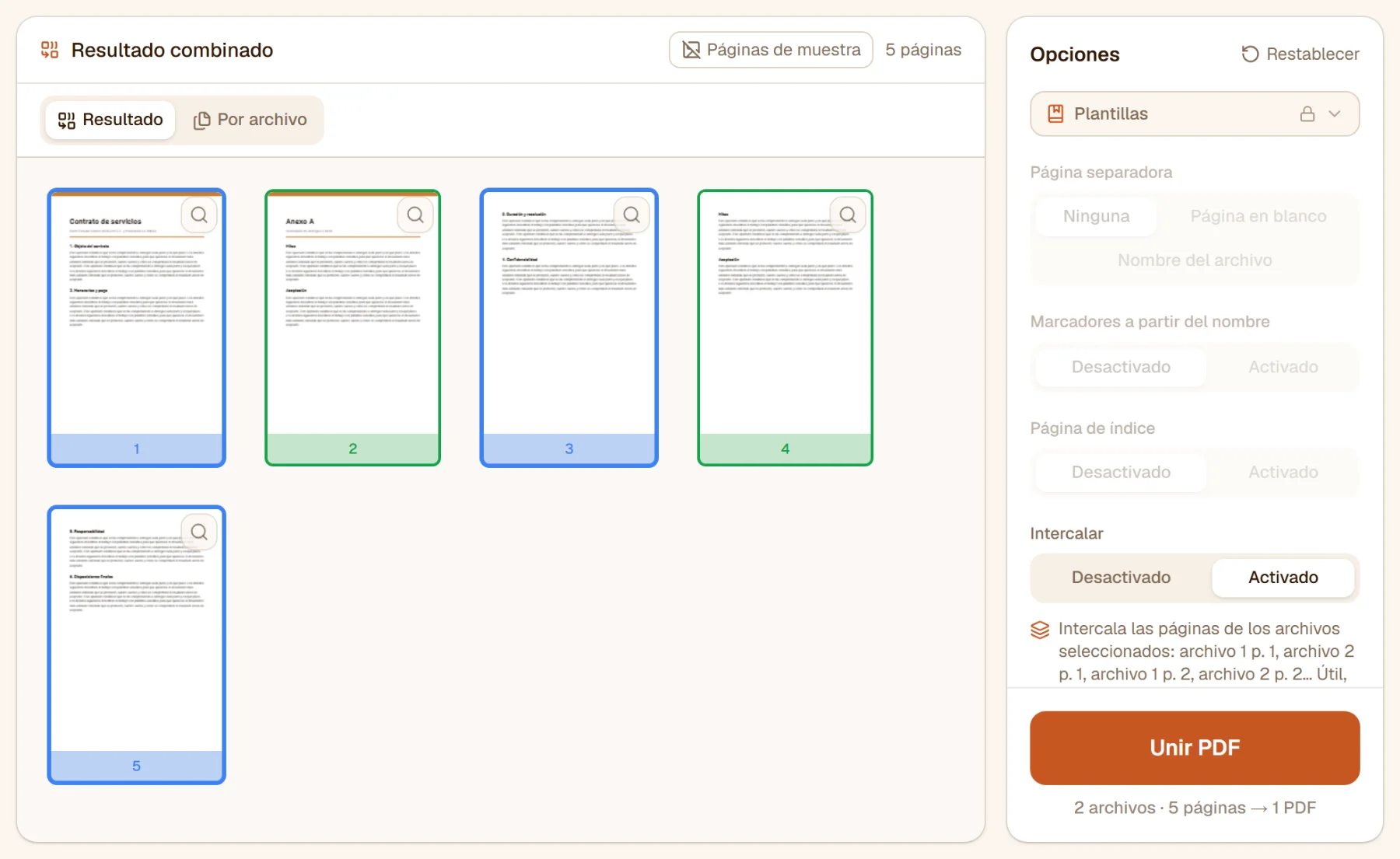 Intercalar activado: las páginas de los dos archivos se alternan en el resultado, en azul y verde