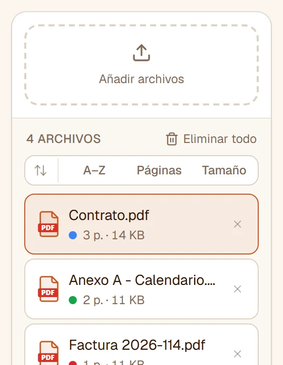 La lista de archivos con tres PDF y una imagen PNG, cada uno con su número de páginas, su tamaño y un punto de color