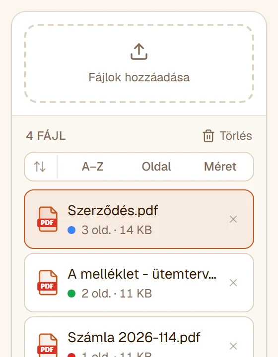 A fájllista három PDF-fel és egy PNG-képpel, mindegyiknél oldalszám, méret és színes pötty
