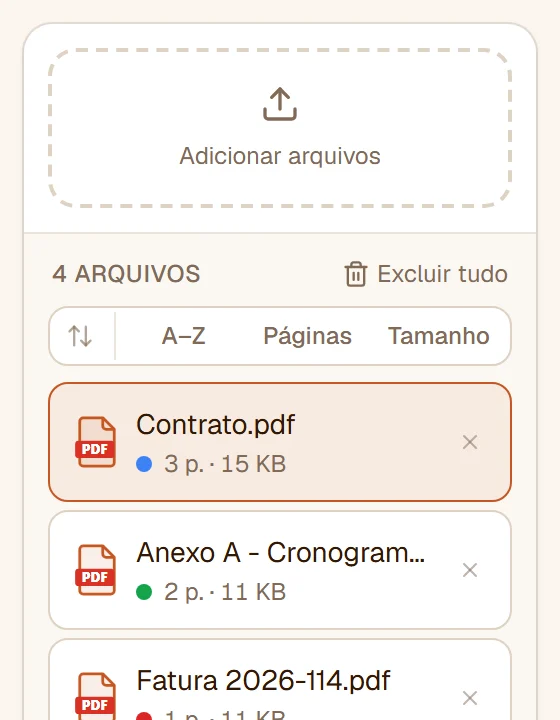A lista de arquivos com três PDFs e uma imagem PNG, cada um com o número de páginas, o tamanho e um ponto colorido