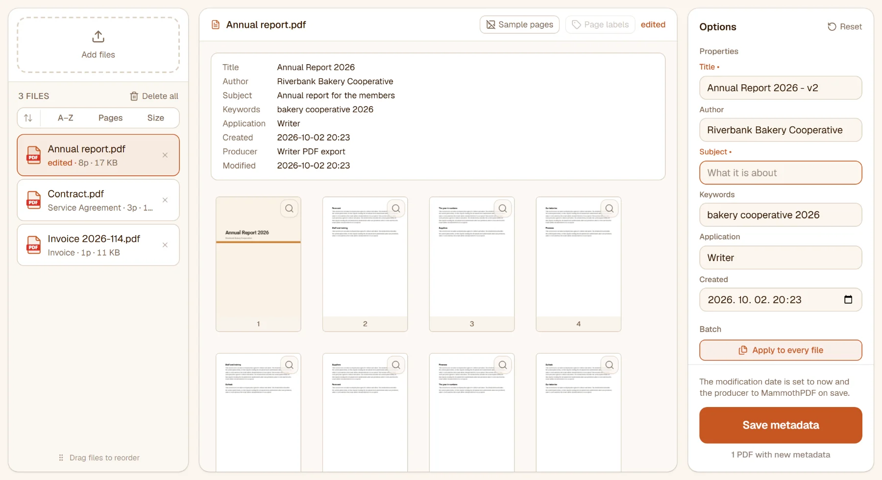 The title extended with " - v2" and the subject emptied: both fields wear a dot, the file list says edited