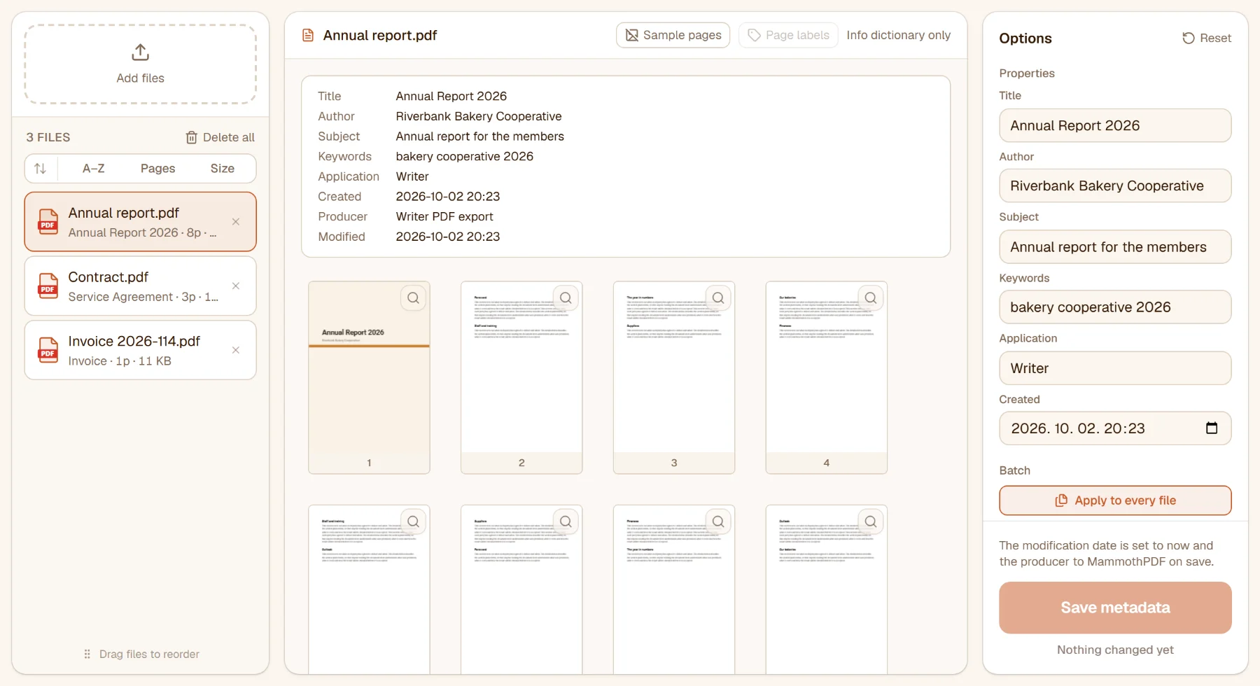 Edit PDF metadata with three files: the annual report's title, author, subject, keywords and dates listed above its pages, the same values in the rail's fields