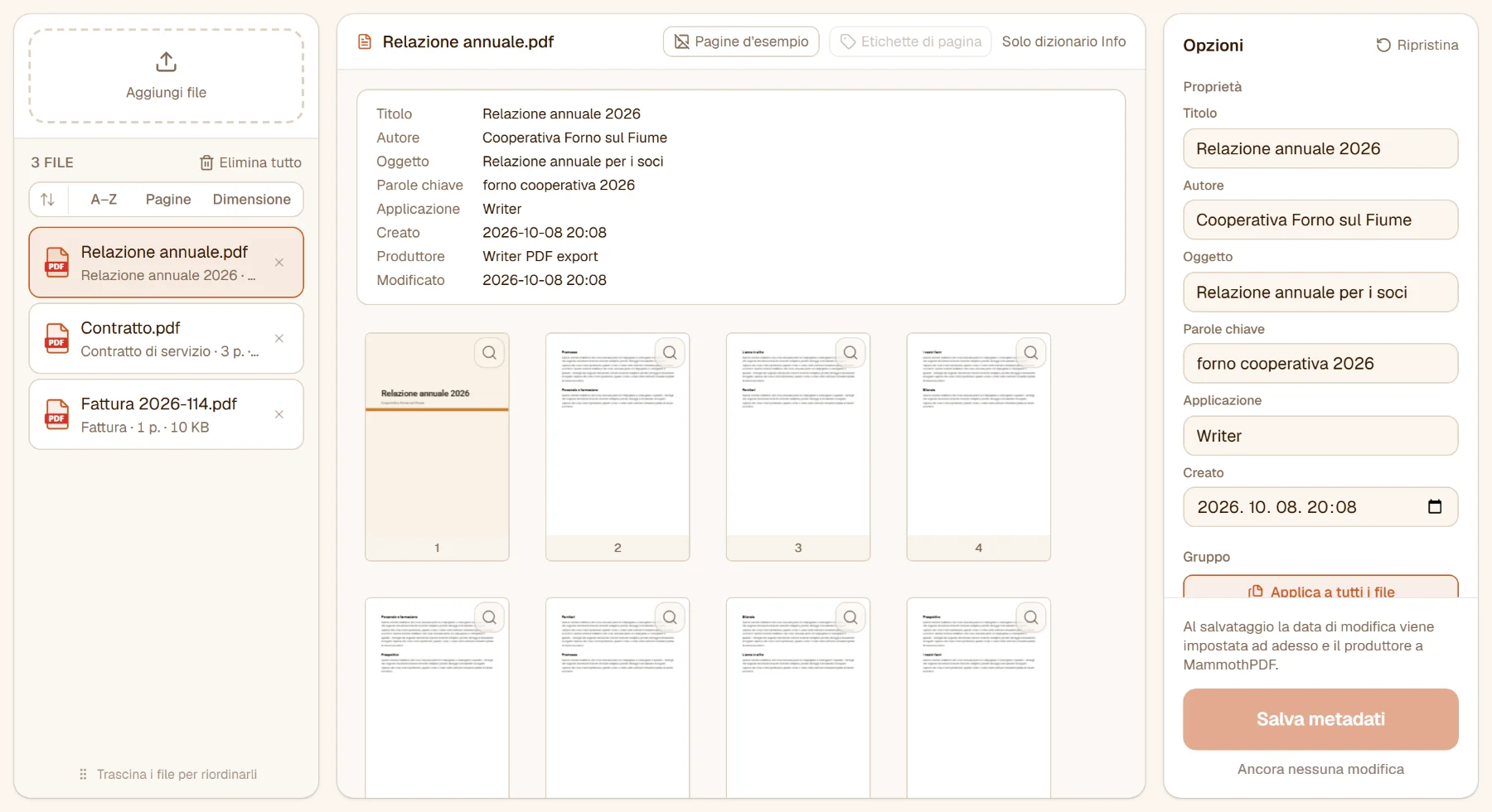 Modificare metadati PDF con tre file: titolo, autore, oggetto, parole chiave e date della relazione annuale elencati sopra le pagine, gli stessi valori nei campi del pannello