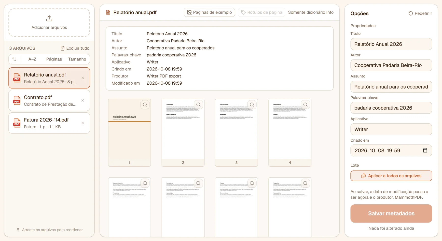 Editar metadados de PDF com três arquivos: título, autor, assunto, palavras-chave e datas do relatório anual listados acima das páginas, os mesmos valores nos campos do painel