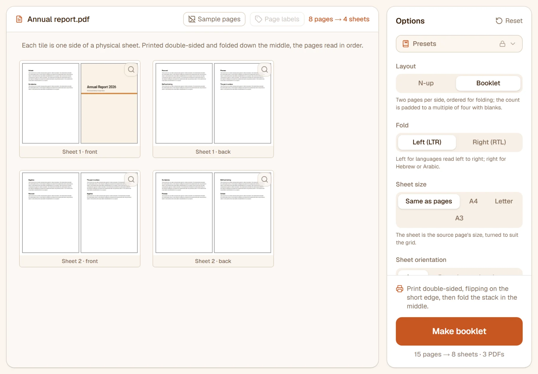 Booklet mode: each tile is the front or back of a physical sheet, the first sheet's front showing the last page beside the cover