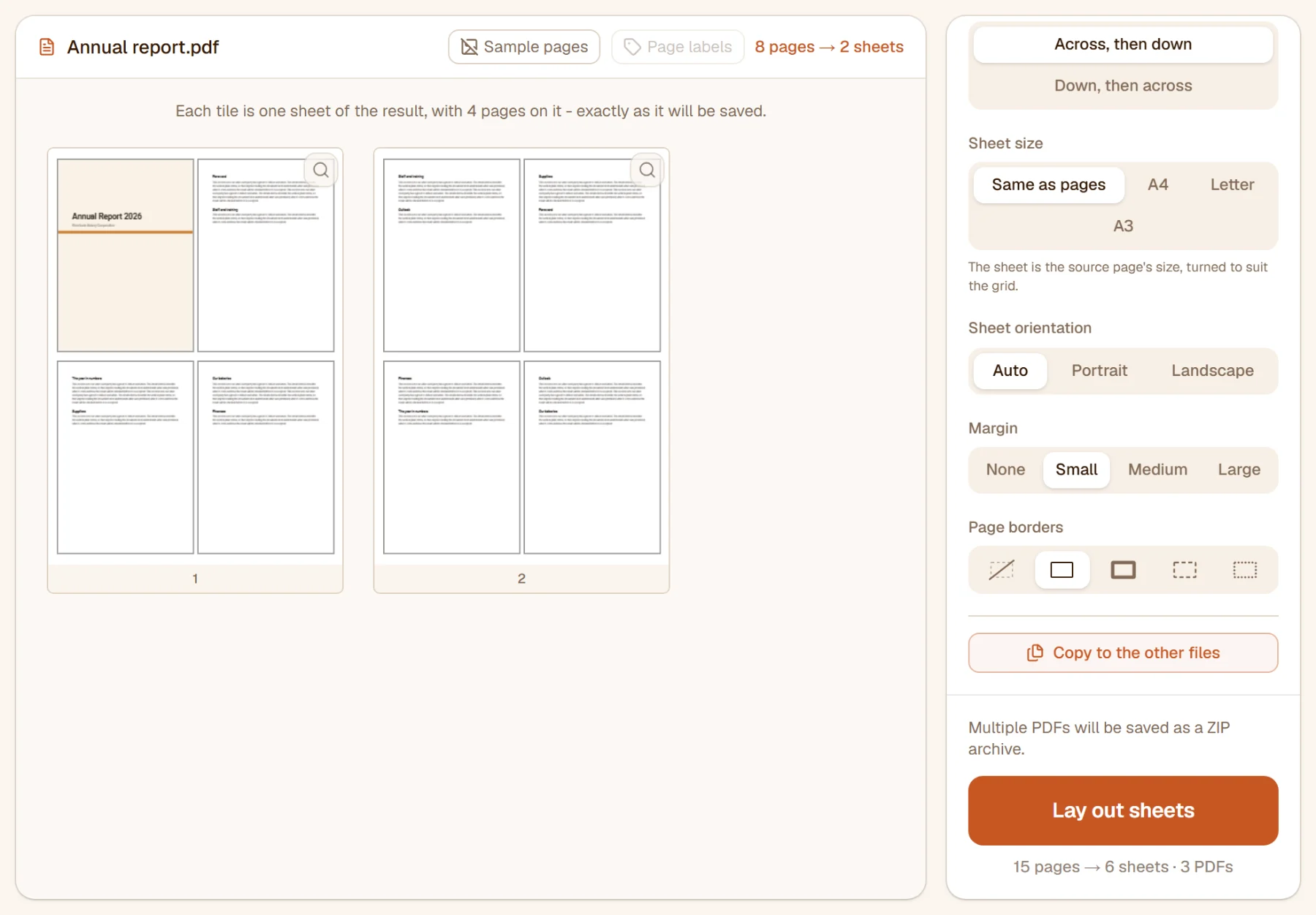 Four pages a sheet with a thin border around each: the eight-page report on two sheets