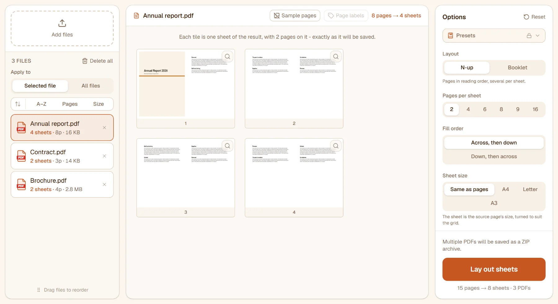 N-up with three files: the annual report's eight pages laid out two to a landscape sheet