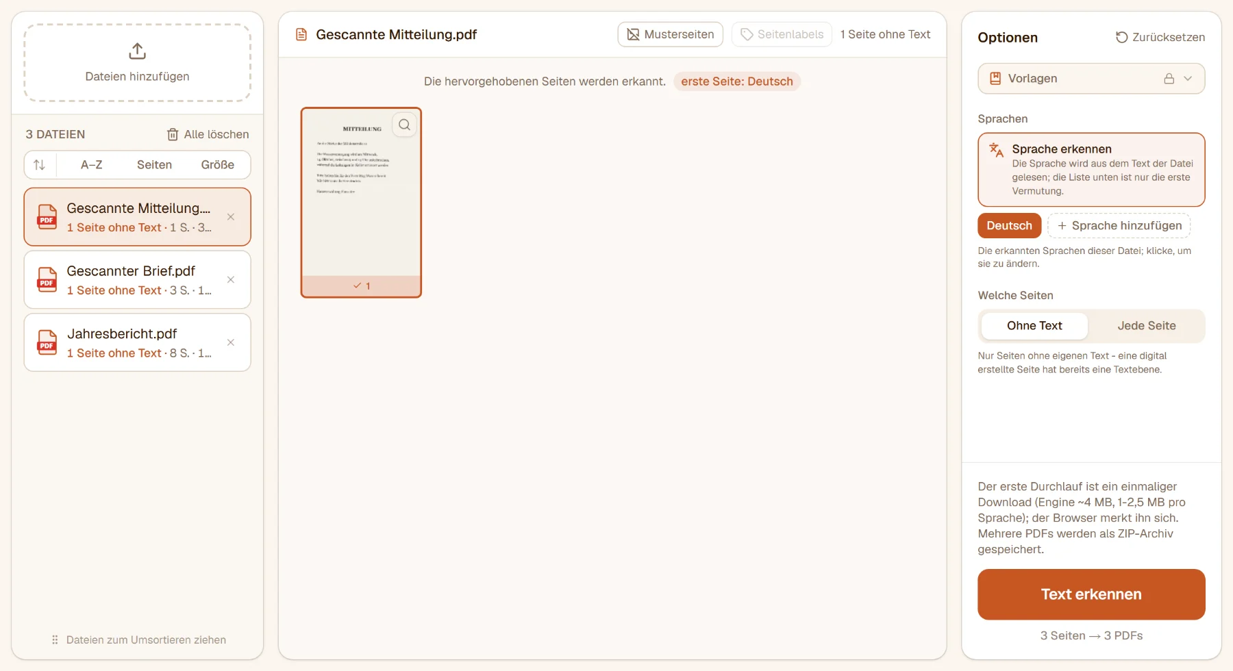OCR mit drei Dateien: die gescannte Mitteilung ausgewählt, eine Seite ohne Text, „erste Seite: Deutsch“ erkannt