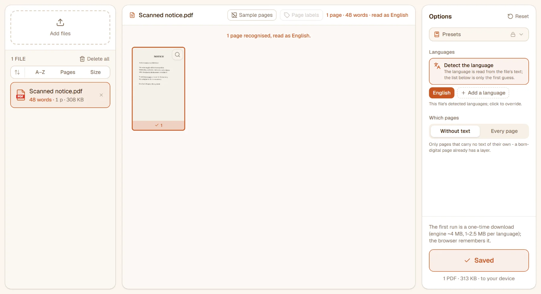 After recognition: "1 page recognised, read as English", 48 words in the file list, the button says Saved