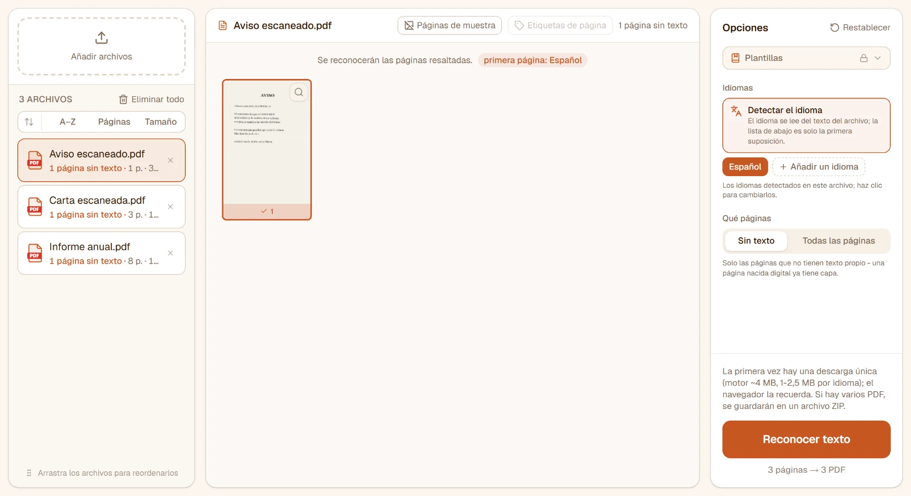 OCR con tres archivos: el aviso escaneado seleccionado, una página sin texto, detectado «primera página: español»