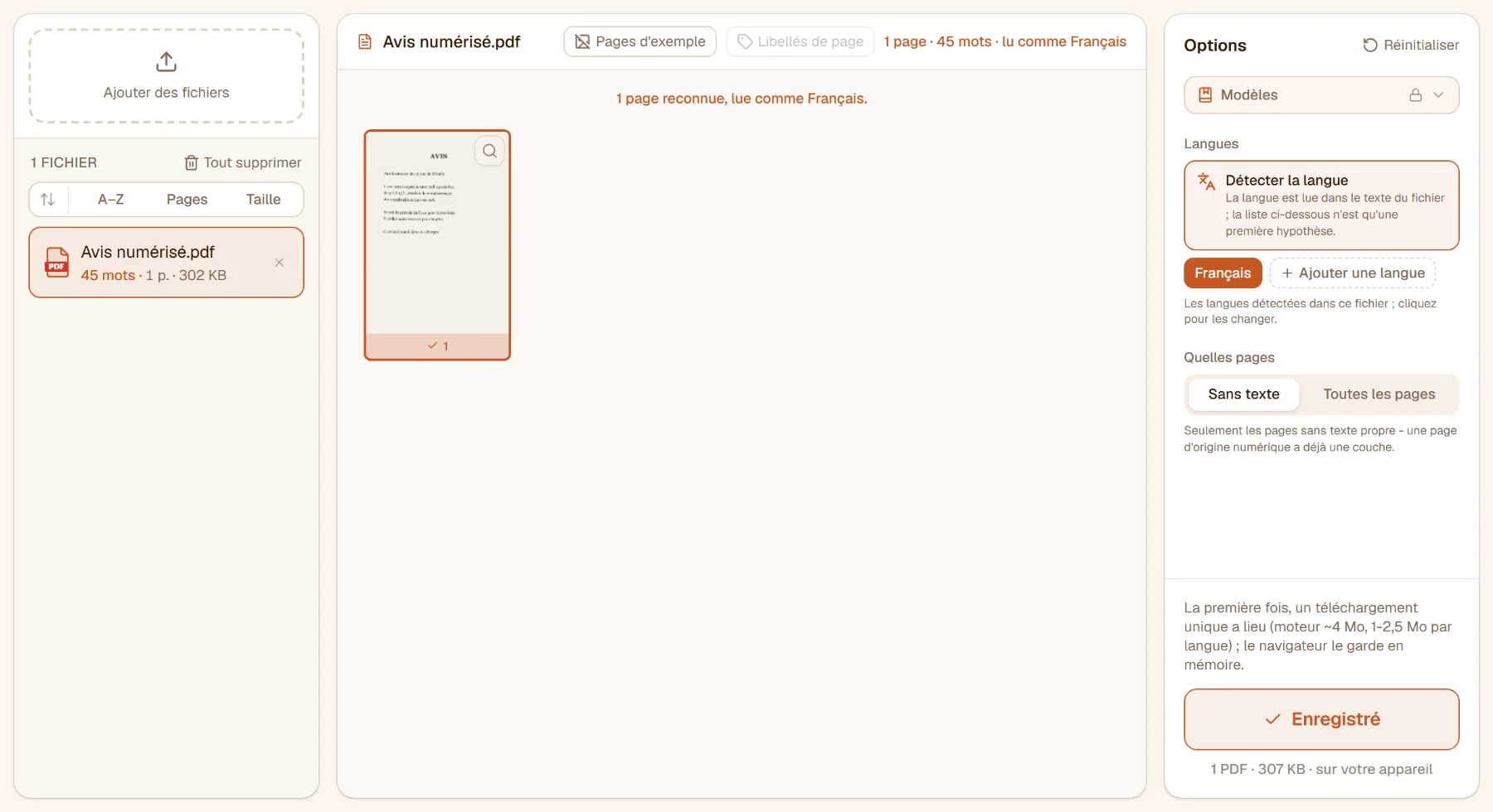 Après la reconnaissance : une page reconnue, lue en français, le nombre de mots trouvés dans la liste des fichiers, le bouton affiche Enregistré