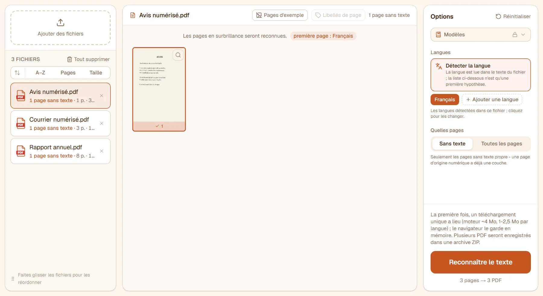 L'OCR avec trois fichiers : l'avis numérisé sélectionné, une page sans texte, « première page : français » détecté