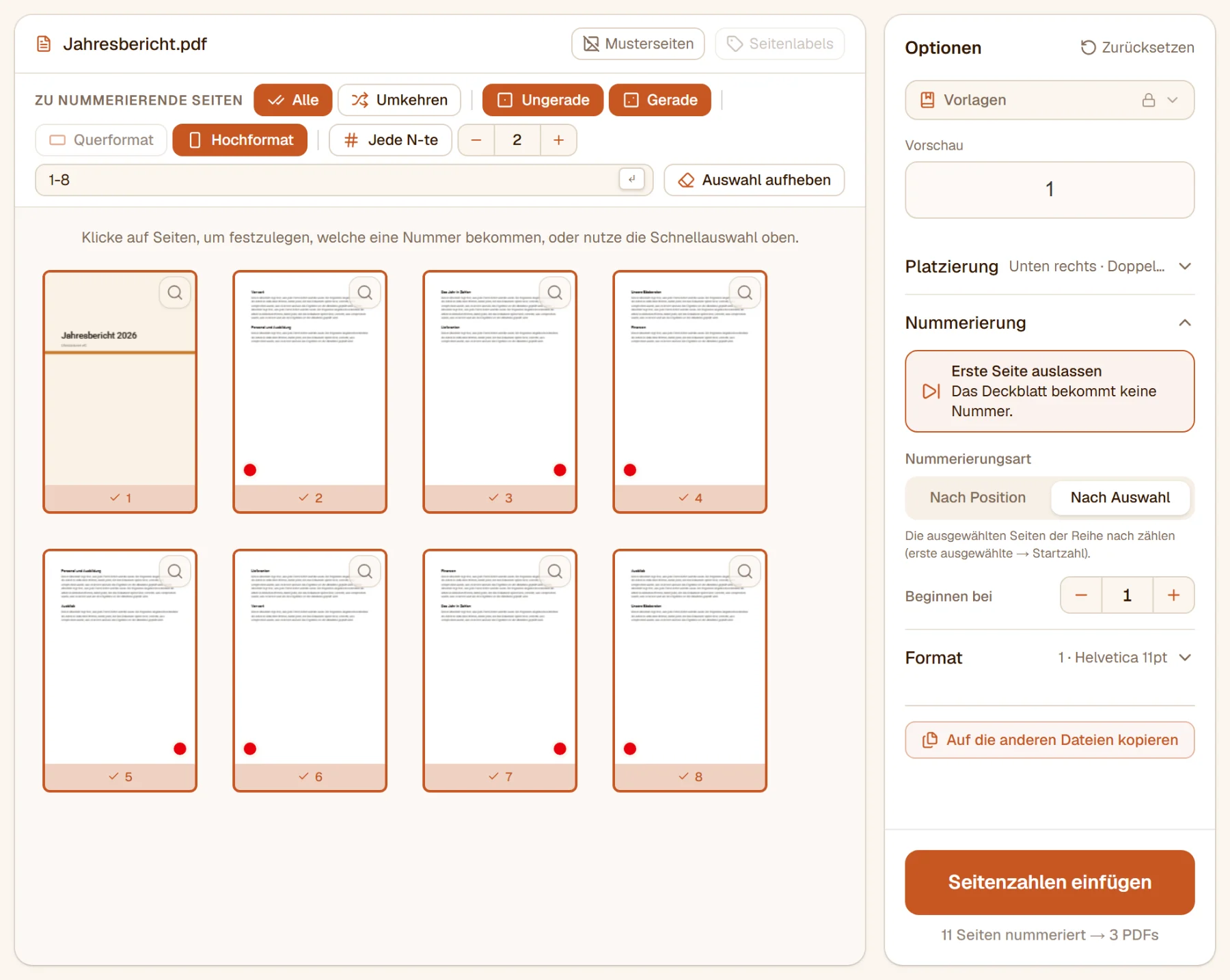 Erste Seite auslassen ist eingeschaltet: Das Deckblatt hat keinen Punkt mehr, die anderen Seiten schon