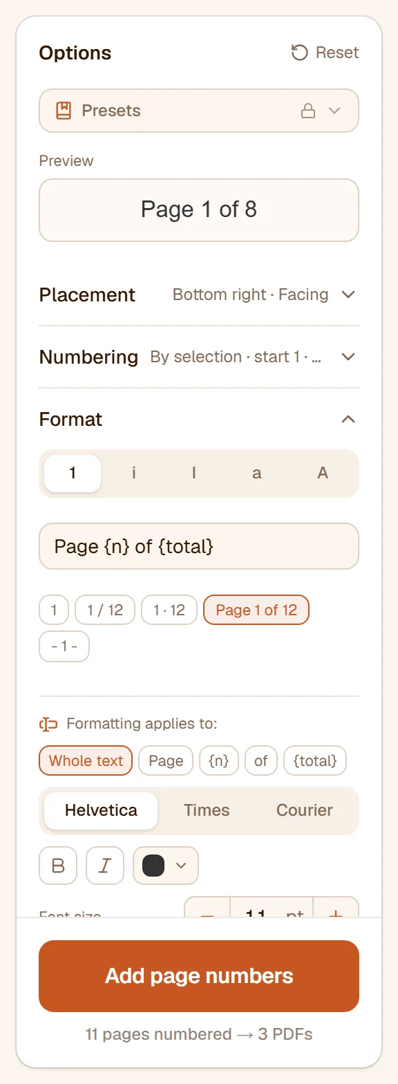 The Format section with the template Page {n} of {total}, the starter chips and the font, style, colour and size controls