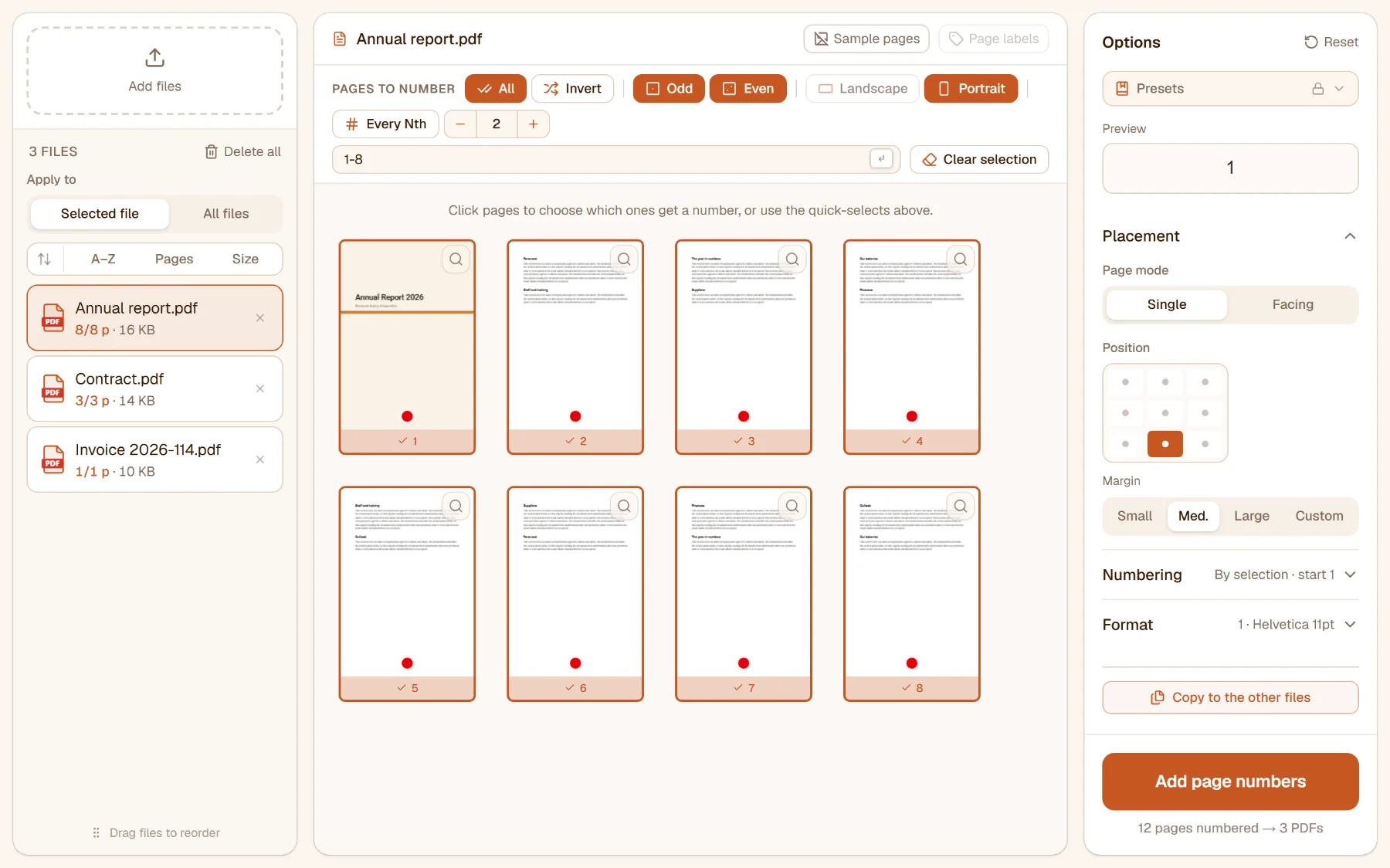 Page Numbers with an eight-page report loaded: every page chosen, a red dot at the bottom centre of each thumbnail