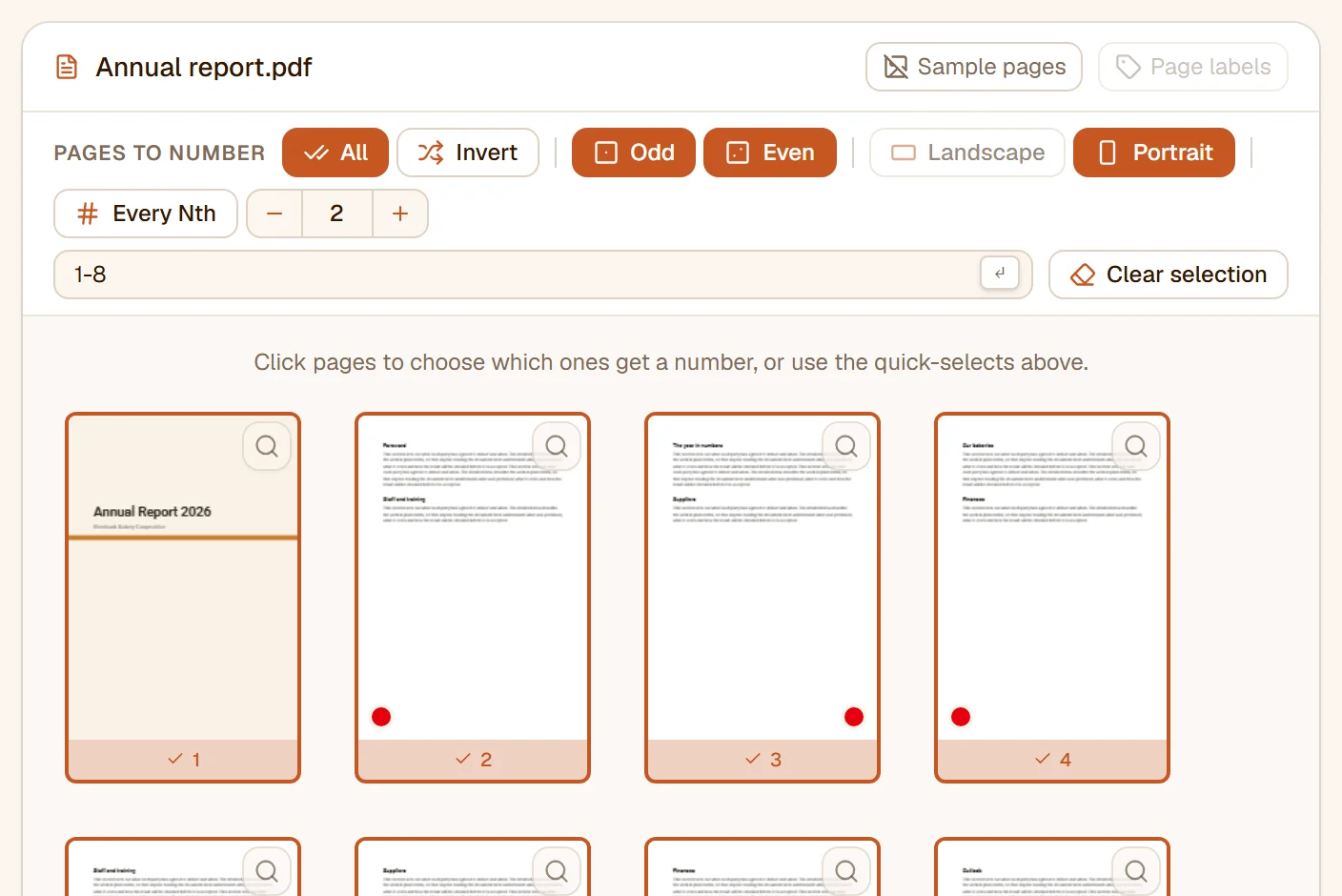 The page selection bar above the thumbnails: All, Invert, Odd, Even, Landscape, Portrait, Every Nth and a range field