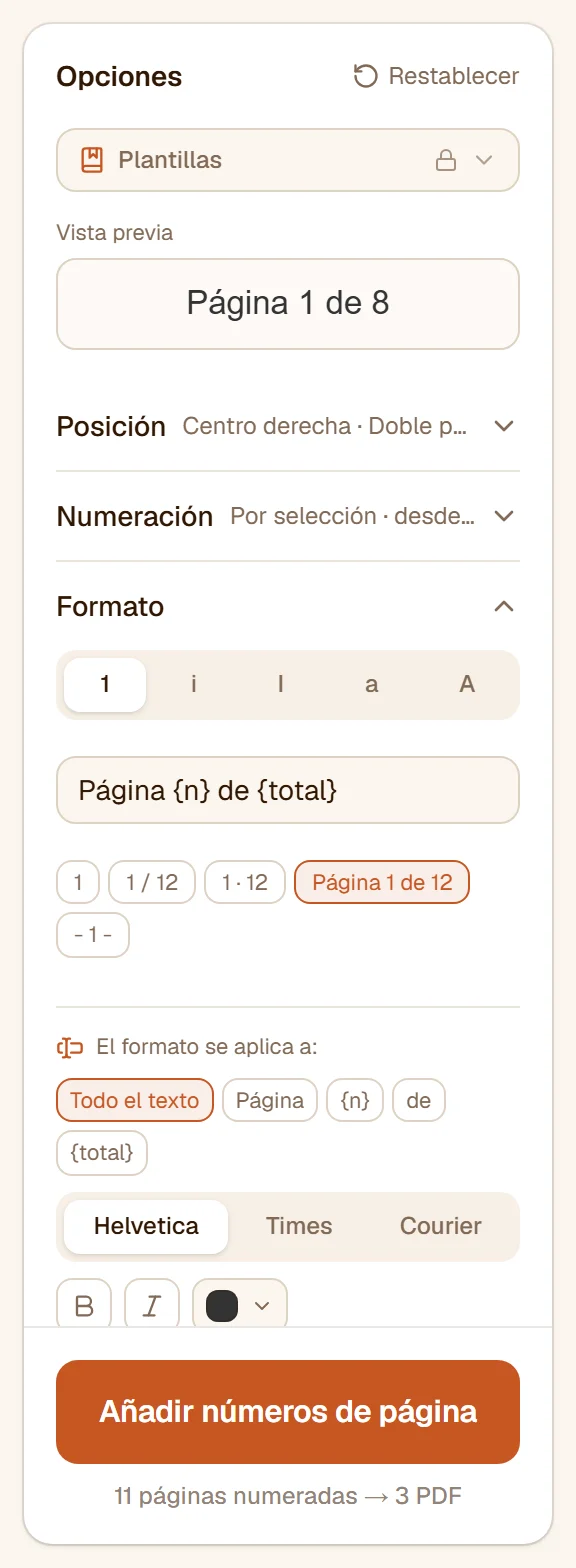 La sección Formato con la plantilla Página {n} de {total}, las fichas de plantillas y los controles de fuente, estilo, color y tamaño