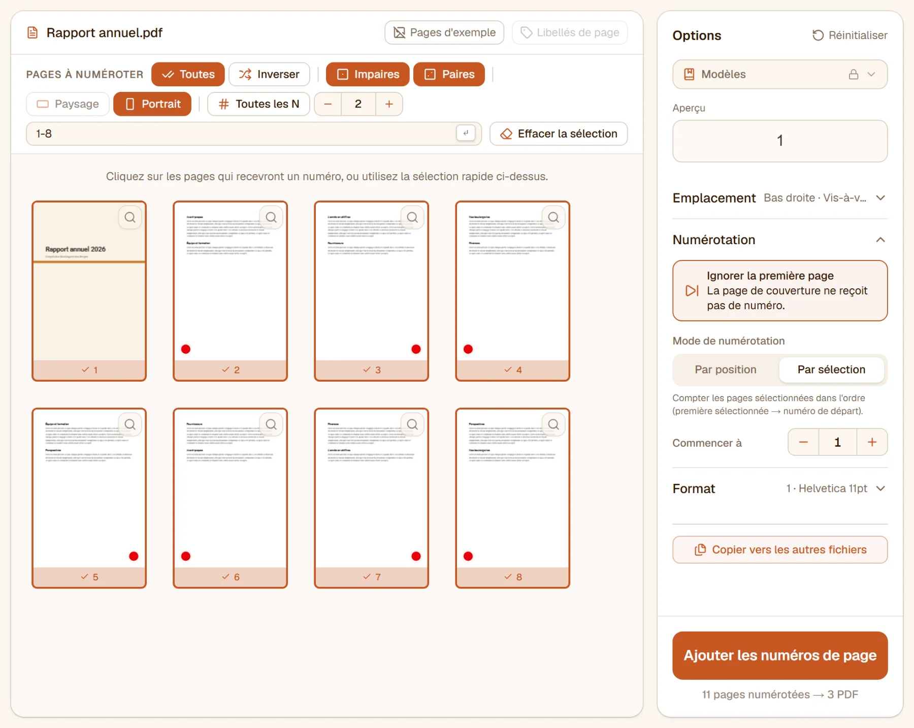 Ignorer la première page activé : la couverture n'a plus de point, les autres pages en ont toujours un