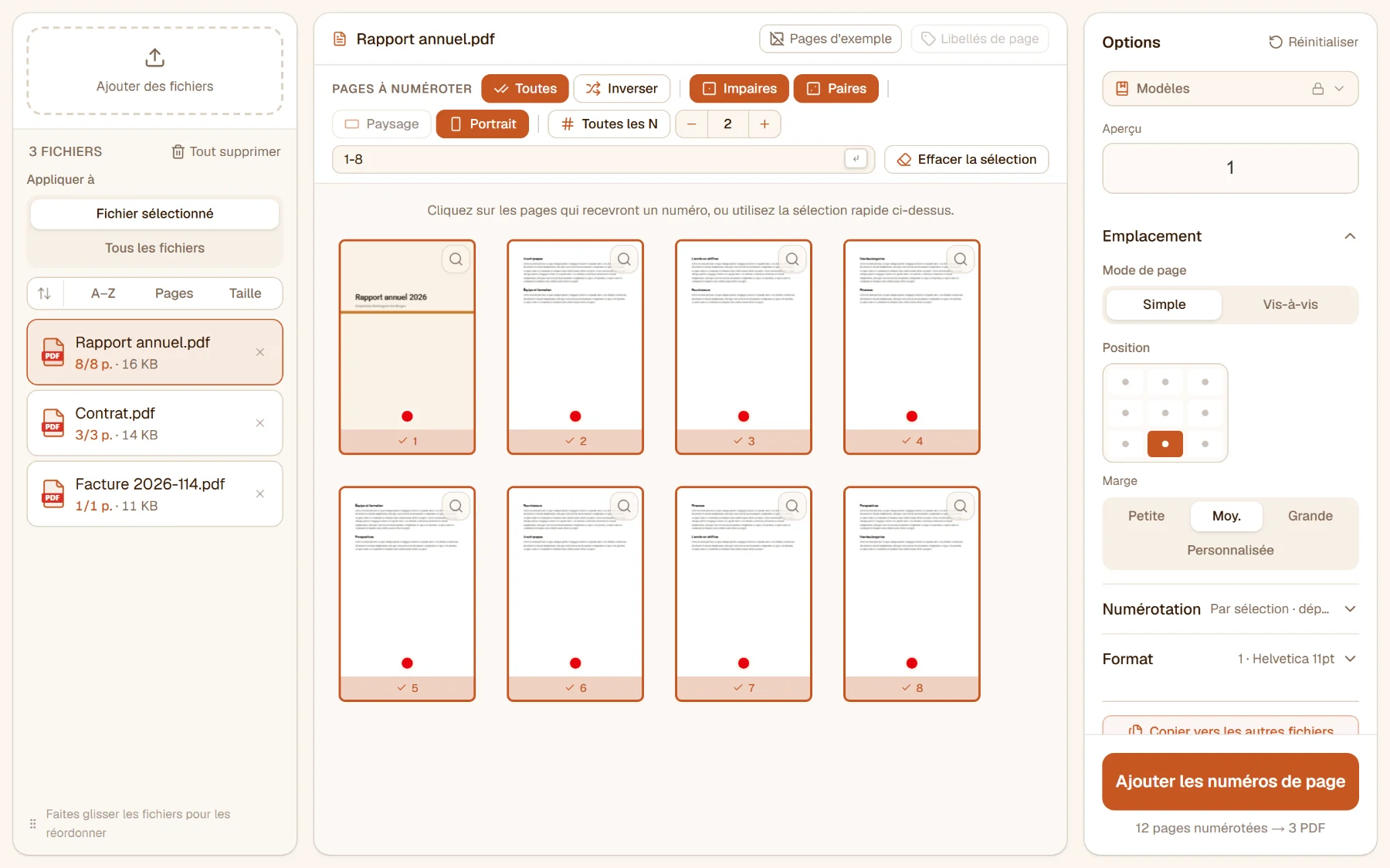 Numéroter les pages d'un PDF avec un rapport de huit pages chargé : toutes les pages choisies, un point rouge en bas au centre de chaque miniature