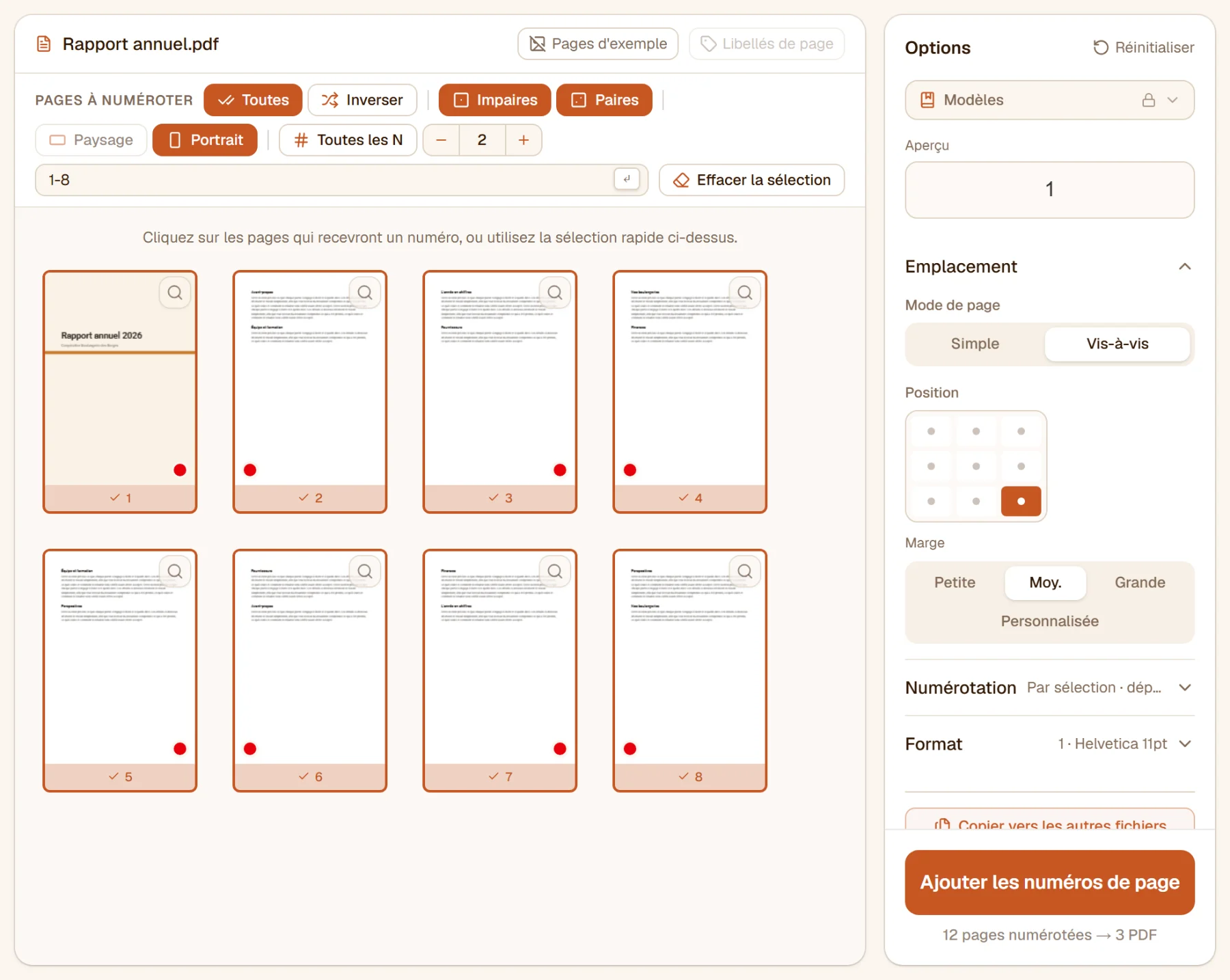 Pages en vis-à-vis avec le numéro en bas à droite : les points sont sur le bord extérieur, alternativement à droite et à gauche