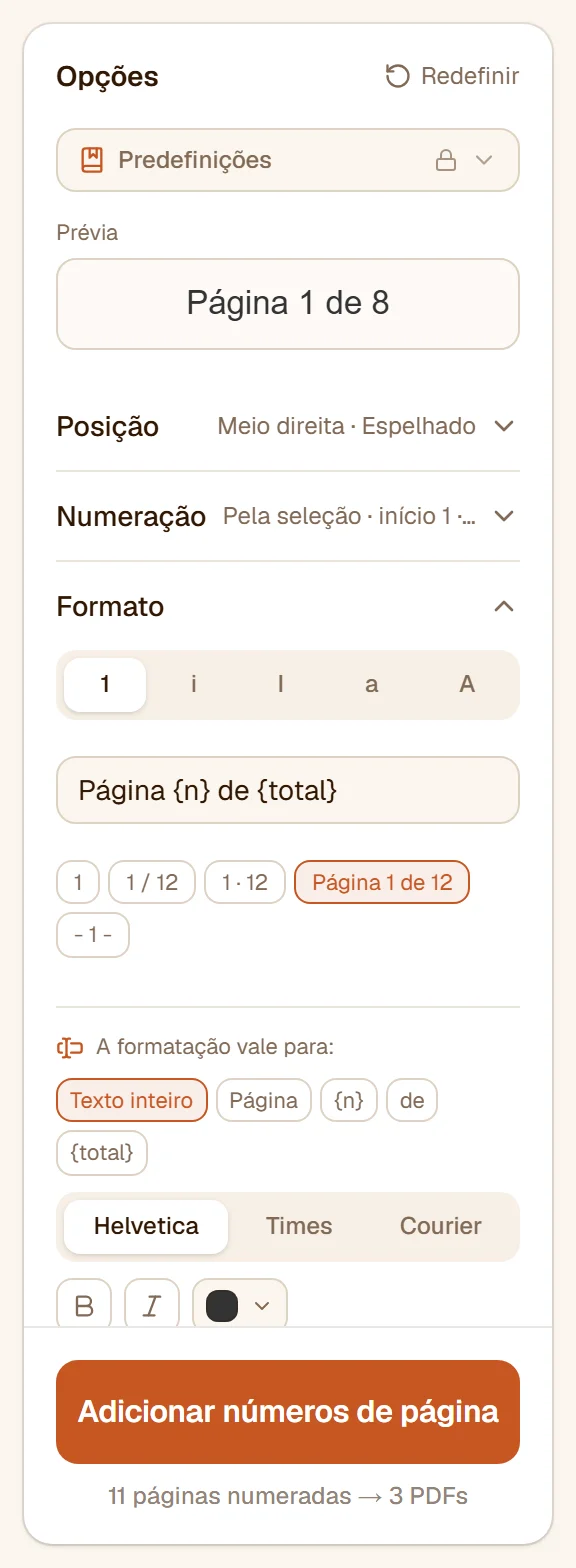 A seção Formato com o modelo Página {n} de {total}, os chips de modelos prontos e os controles de fonte, estilo, cor e tamanho
