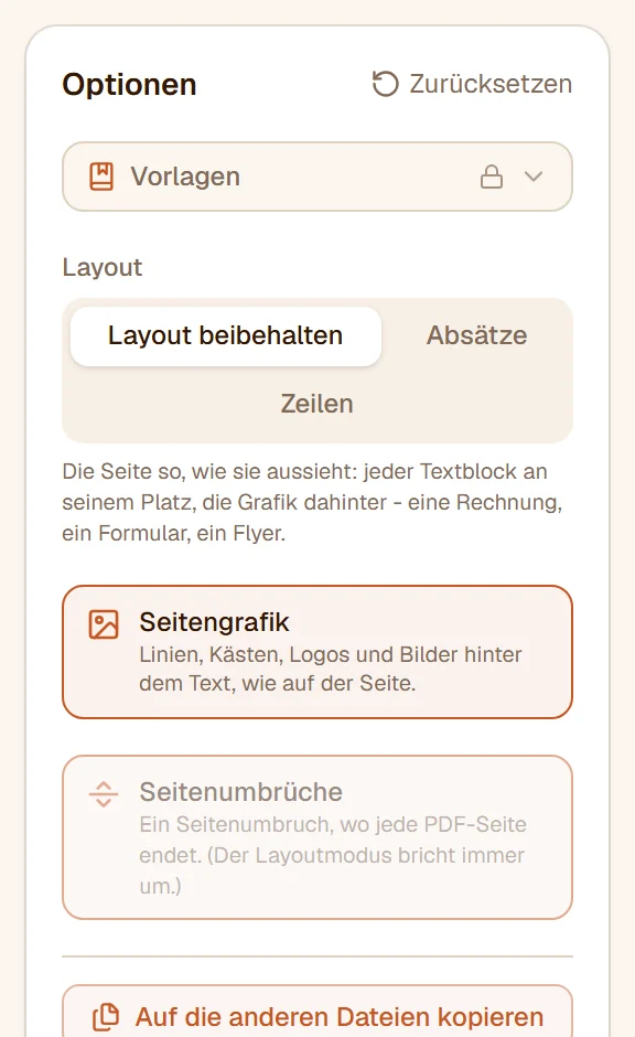 Die Layout-Optionen: Layout beibehalten ist gewählt, darunter der Schalter Seitengrafik