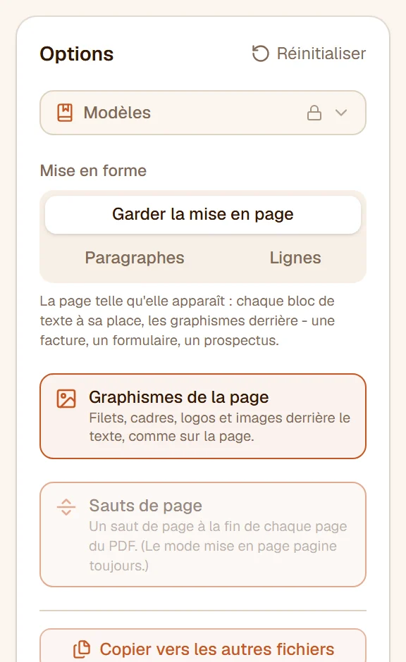 Les options de mise en forme : Garder la mise en page choisi, avec l'interrupteur Graphismes de la page en dessous