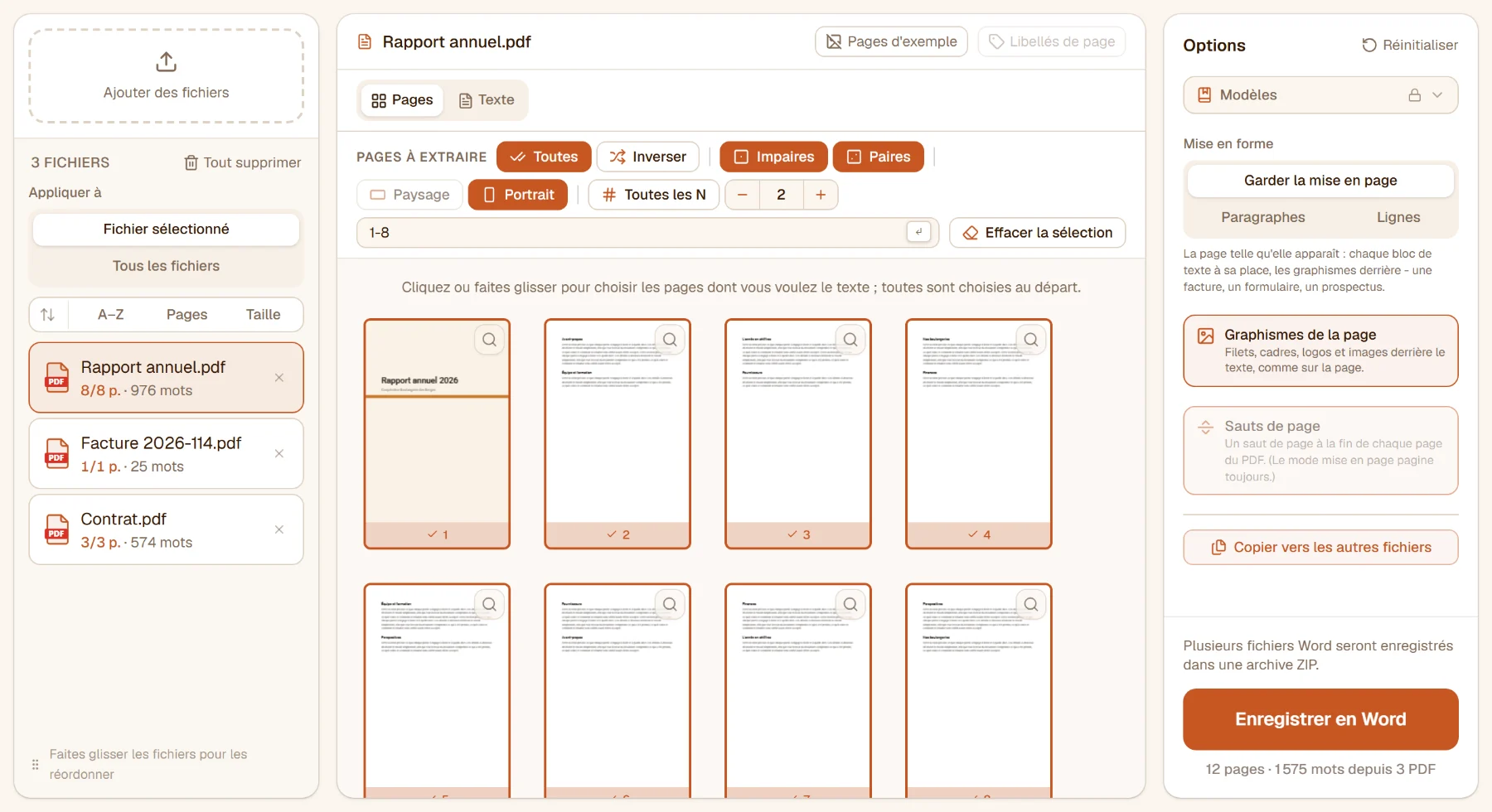 PDF en Word avec un rapport de huit pages chargé : les miniatures des pages, la barre de sélection des pages et les options de mise en forme