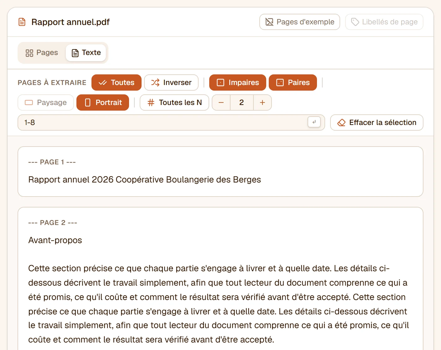 La vue Texte : le texte du rapport page par page, le titre de la première page, puis le titre et le paragraphe de la deuxième