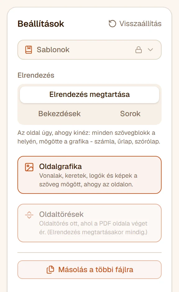 Az elrendezési lehetőségek: az Elrendezés megtartása kiválasztva, alatta az Oldalgrafika kapcsoló