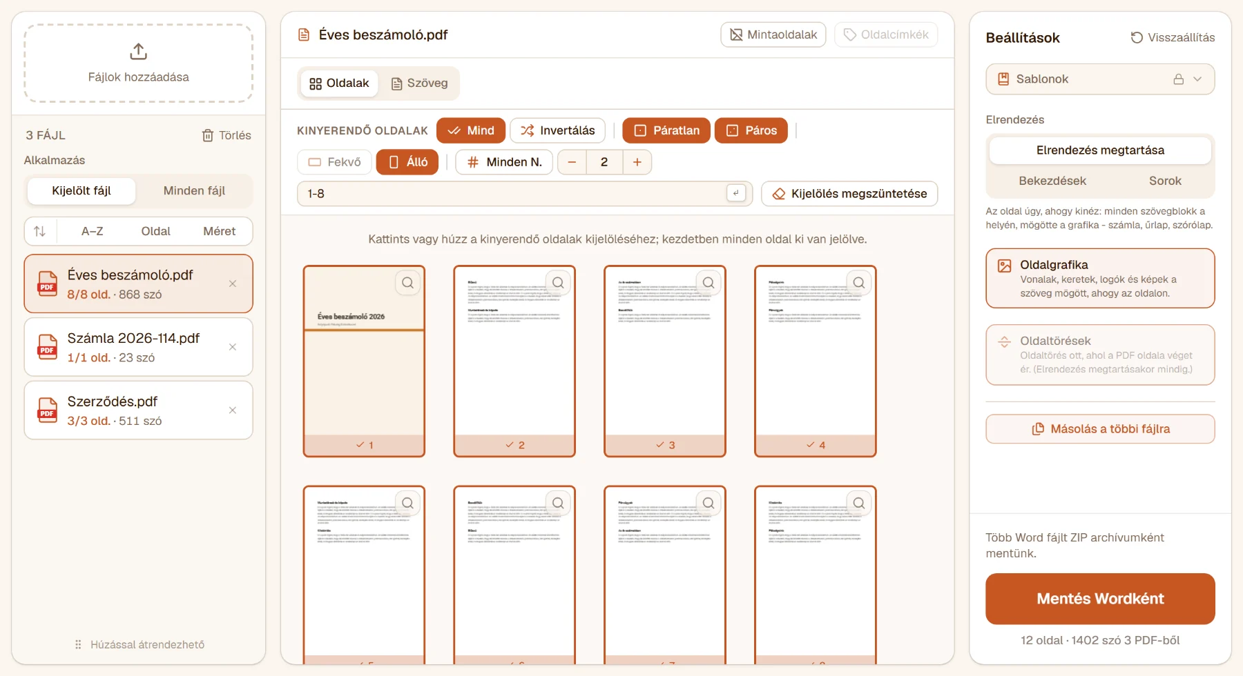 PDF → Word egy nyolcoldalas beszámolóval: az oldalképek, az oldalválasztó sáv és az elrendezési lehetőségek