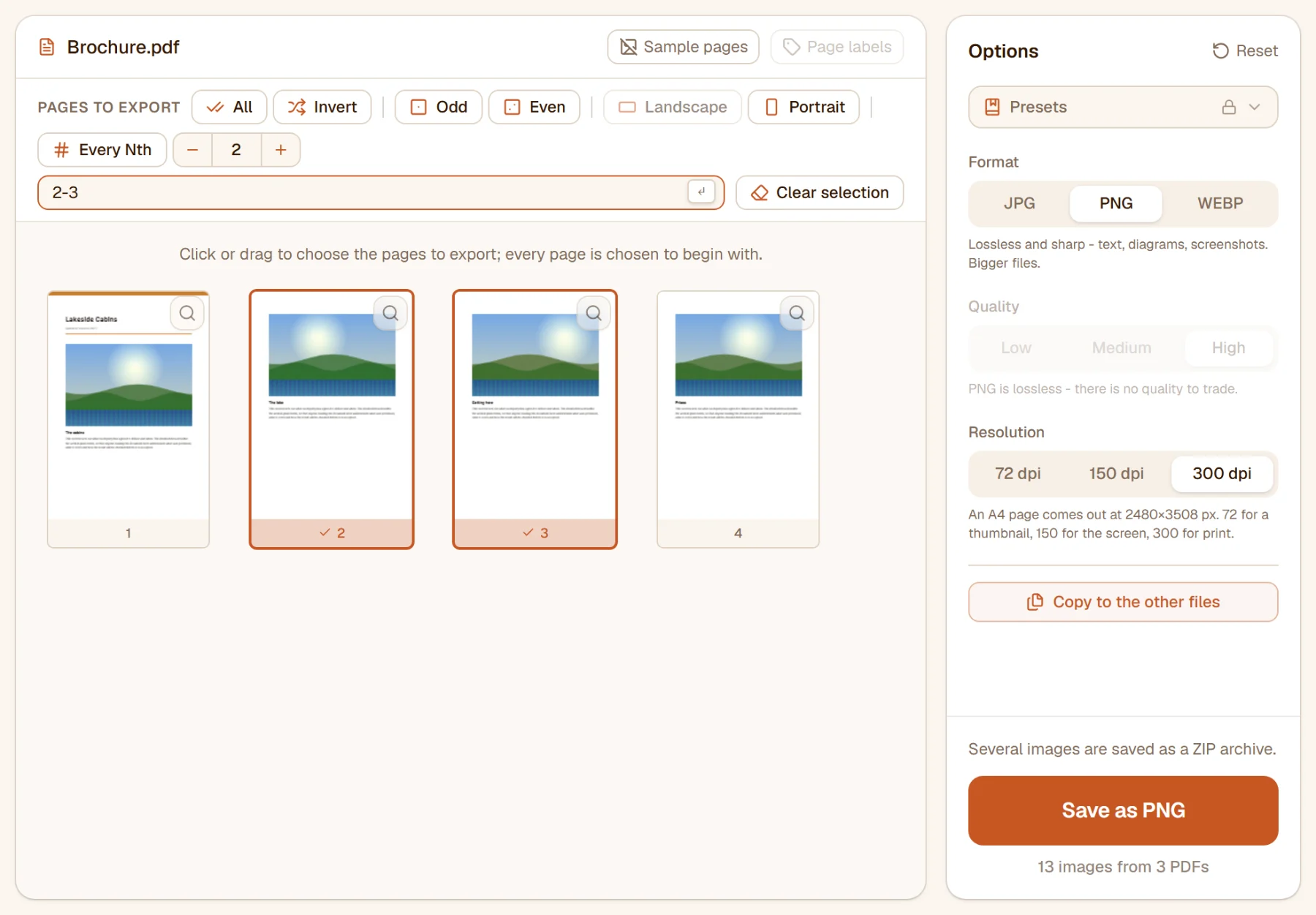 Pages 2 and 3 chosen, the format set to PNG and the resolution to 300 dpi; the hint says an A4 page comes out at 2480×3508 px