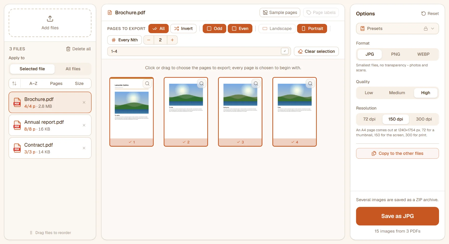 PDF to Image with three files in the list: the selected brochure's four pages, all chosen, and the format options