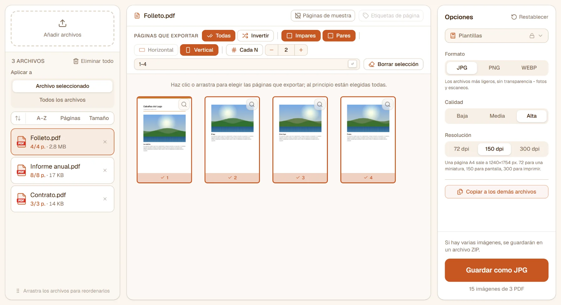PDF a imagen con tres archivos en la lista: las cuatro páginas del folleto seleccionado, todas elegidas, y las opciones de formato
