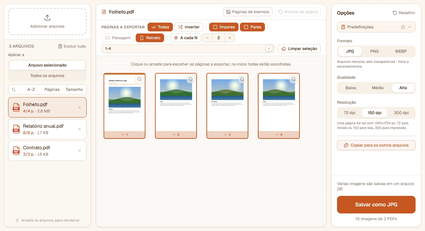 PDF para imagem com três arquivos na lista: as quatro páginas do folheto selecionado, todas escolhidas, e as opções de formato