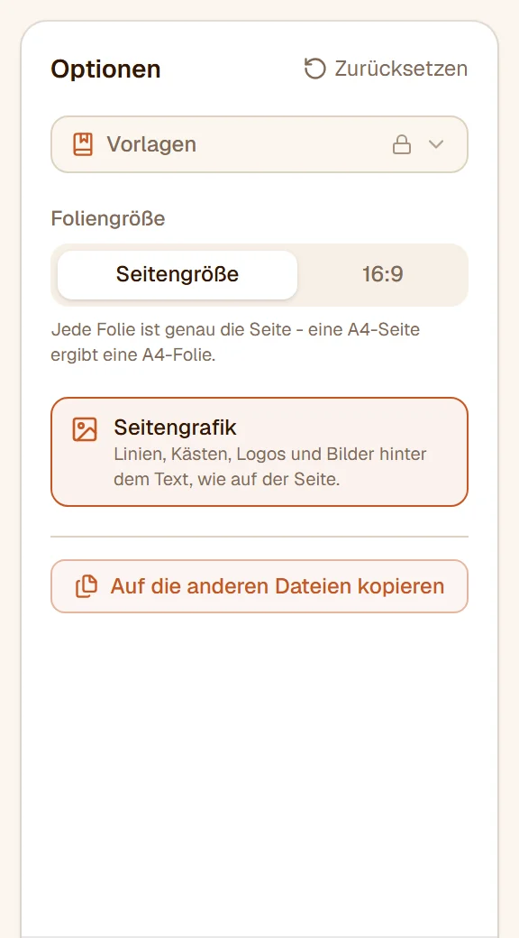 Die Optionsleiste: Foliengröße auf Seitengröße, Seitengrafik eingeschaltet