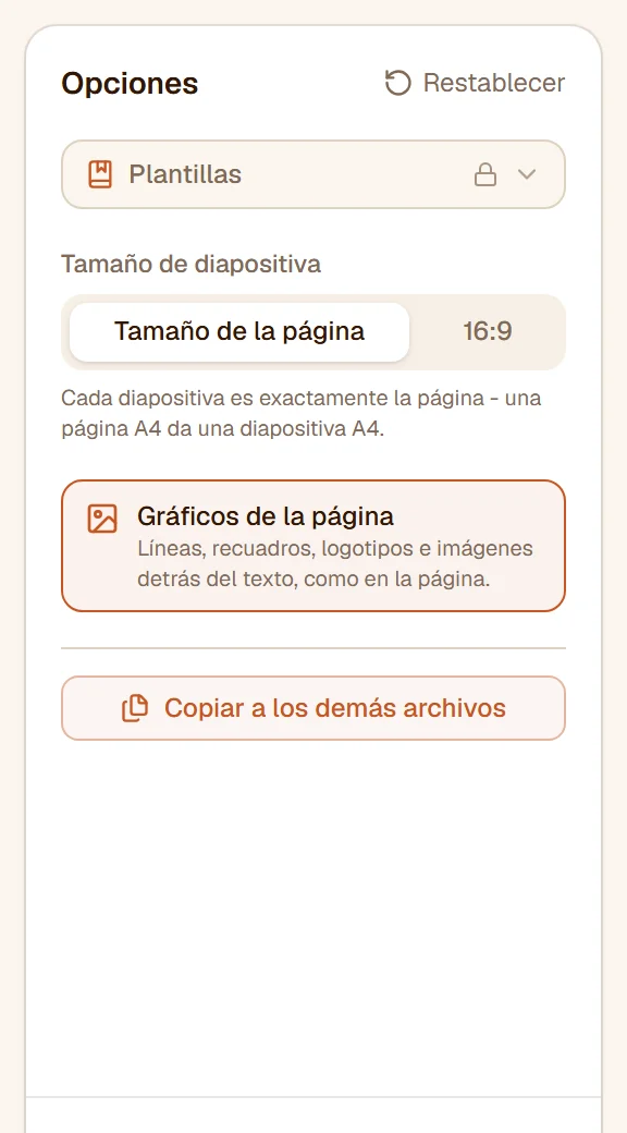 El panel: Tamaño de diapositiva en Tamaño de la página, Gráficos de la página activado