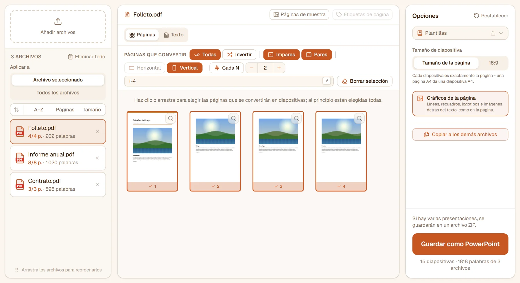 PDF a PowerPoint con tres archivos: las cuatro páginas con fotos del folleto elegidas y la lista de archivos contando las palabras de cada archivo