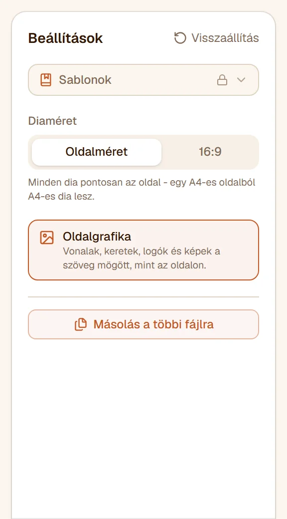 A sáv: Diaméret Oldalméret állásban, az Oldalgrafika bekapcsolva